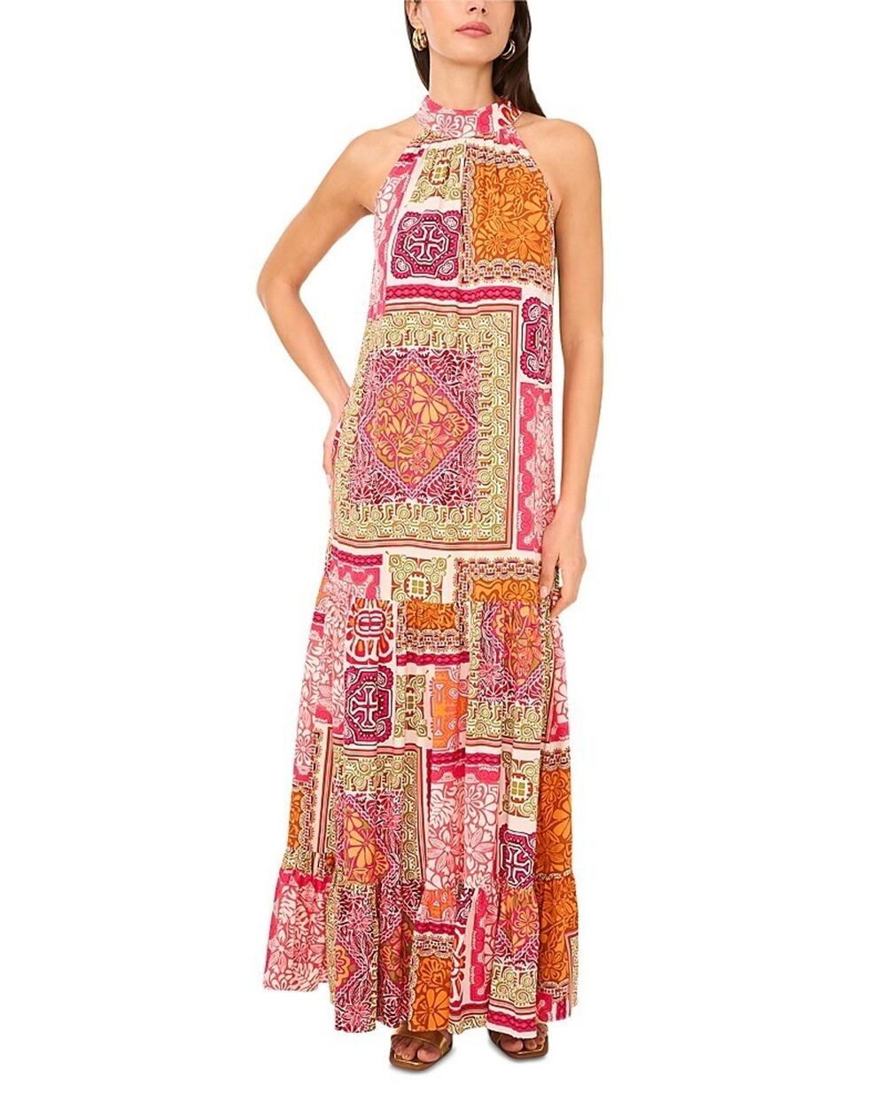 Vince Camuto Women's Quilt-Print Mock-Neck Maxi Dress Multi Size S 0547